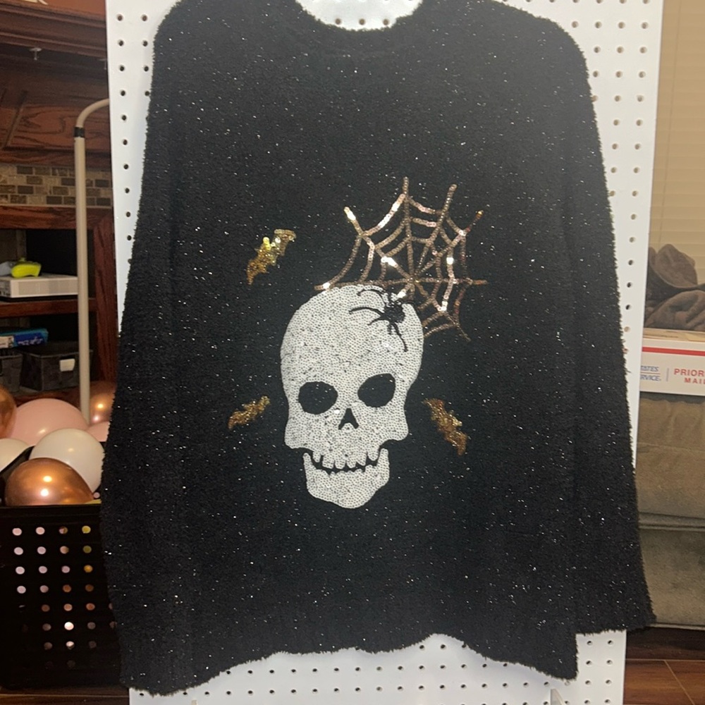 Halloween‎ Poof Skull Spider Web Sparkle Sweater Black Size Medium